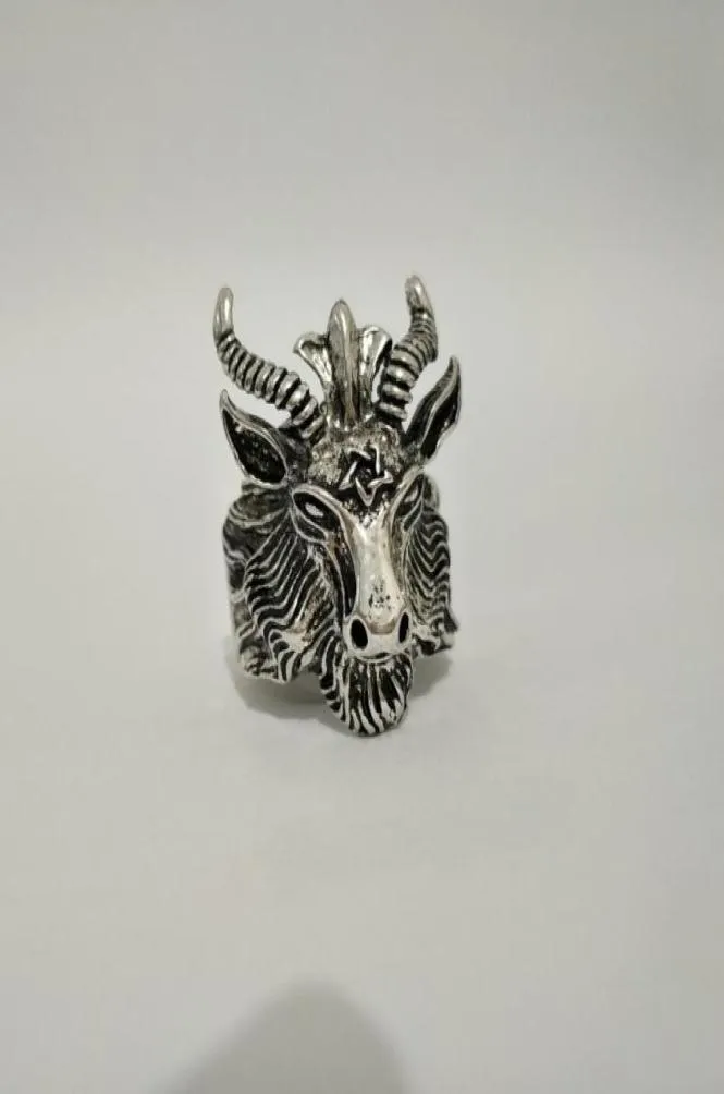 Retro mouton chèvre corne de tête anneau doigt satan adore baphomet aries zodiac wicca star pour hommes garçon cadeau punk biker bijoux animal892266145