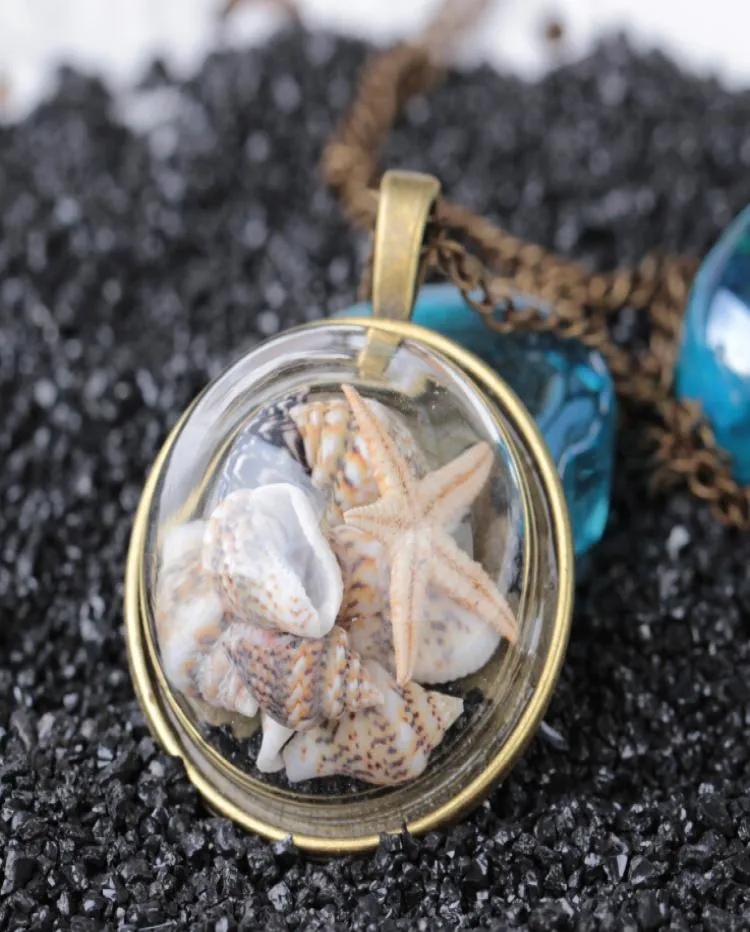 Yaz plaj tarzı kabuklu kabuk denizyıldızı kolye kolye asma bronz cam kapak deniz deniz okyanus kolye mücevher6347770