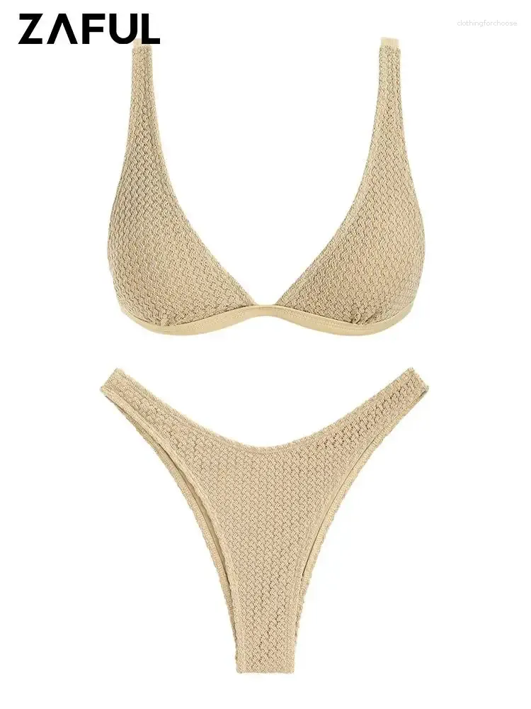 Kvinnors badkläder zaful baddräkt fast färg hög ben fräck texturerad stickad triangel två bit bikini set kvinna bad bikinis