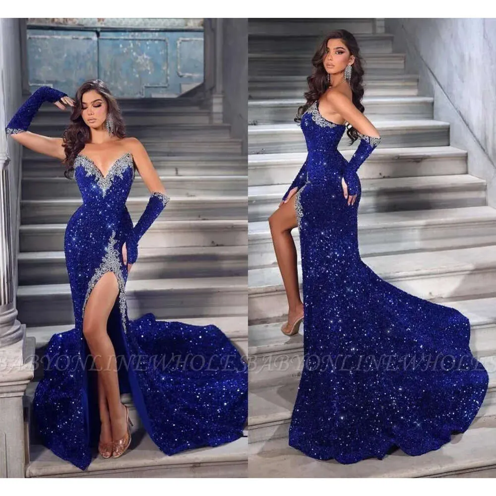 Abiti da ballo blu serale shinny spalancati nuovi paillettes alla sirene per perle di abiti da festa lunghi abiti da donna vestidos formale bc18173