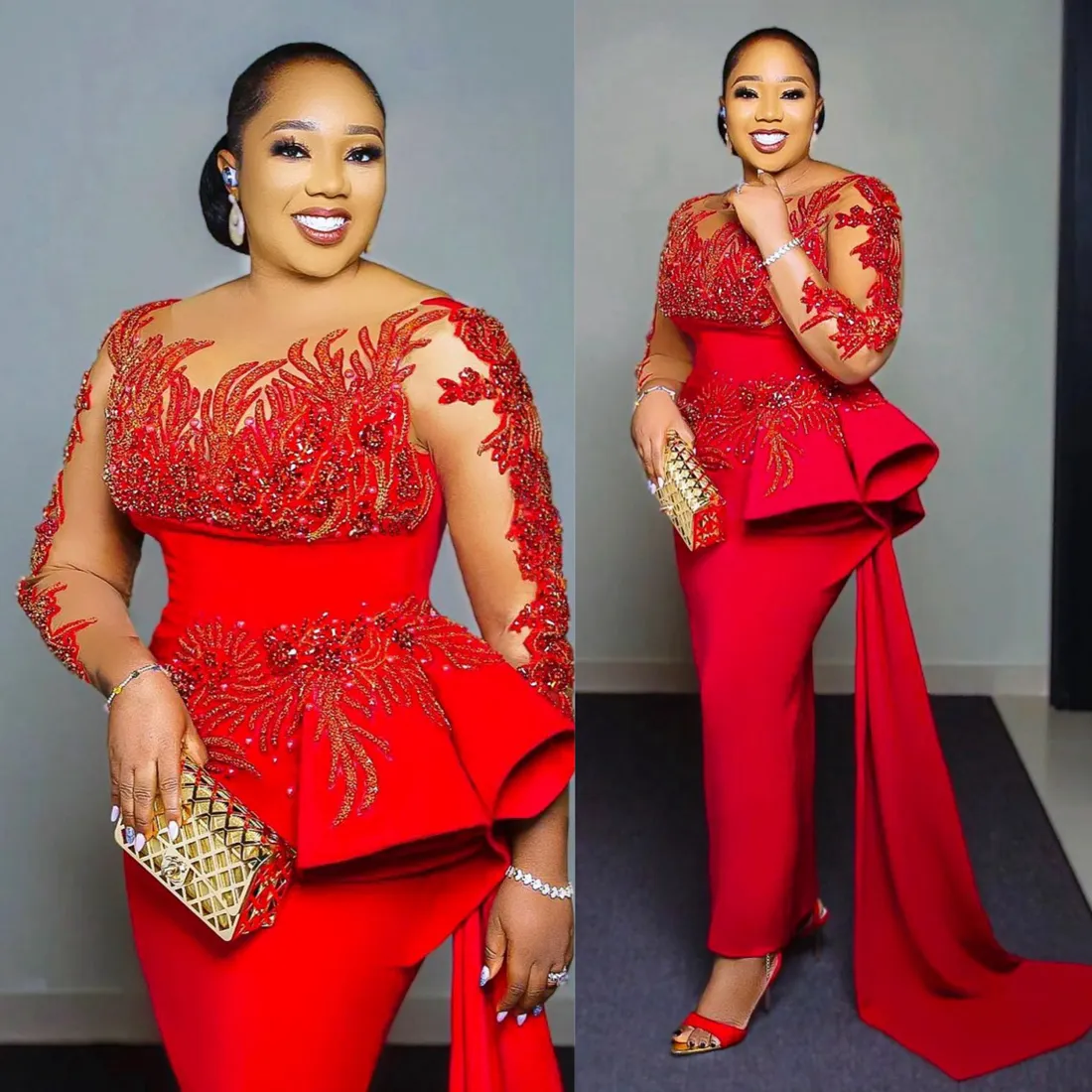 Economize muito em Plus Size Mãe De Vestidos De Noiva Mãe De Tamanho Grande  Dos Vestidos Da Noiva: Elegante Manga Longa De Cola De Pescoço De Pescoço 