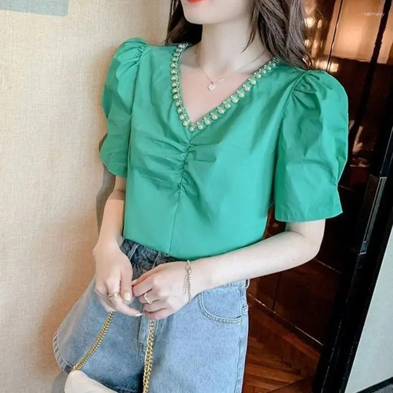 Kvinnor BLOUSES KVINNER SPRING SOMMER SOMMER THE Lady Fashion Corth Sleeve V-Hals Collar Fruit Flower Printing Blusas Tops G2737