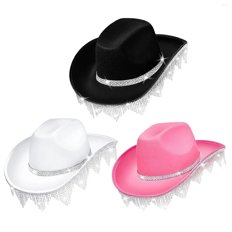 Berets Rhinestes Tassels Cowboy Hat Jazz Cap Wide Cowgirl voor Masquerade Fancy Dress Carnivals