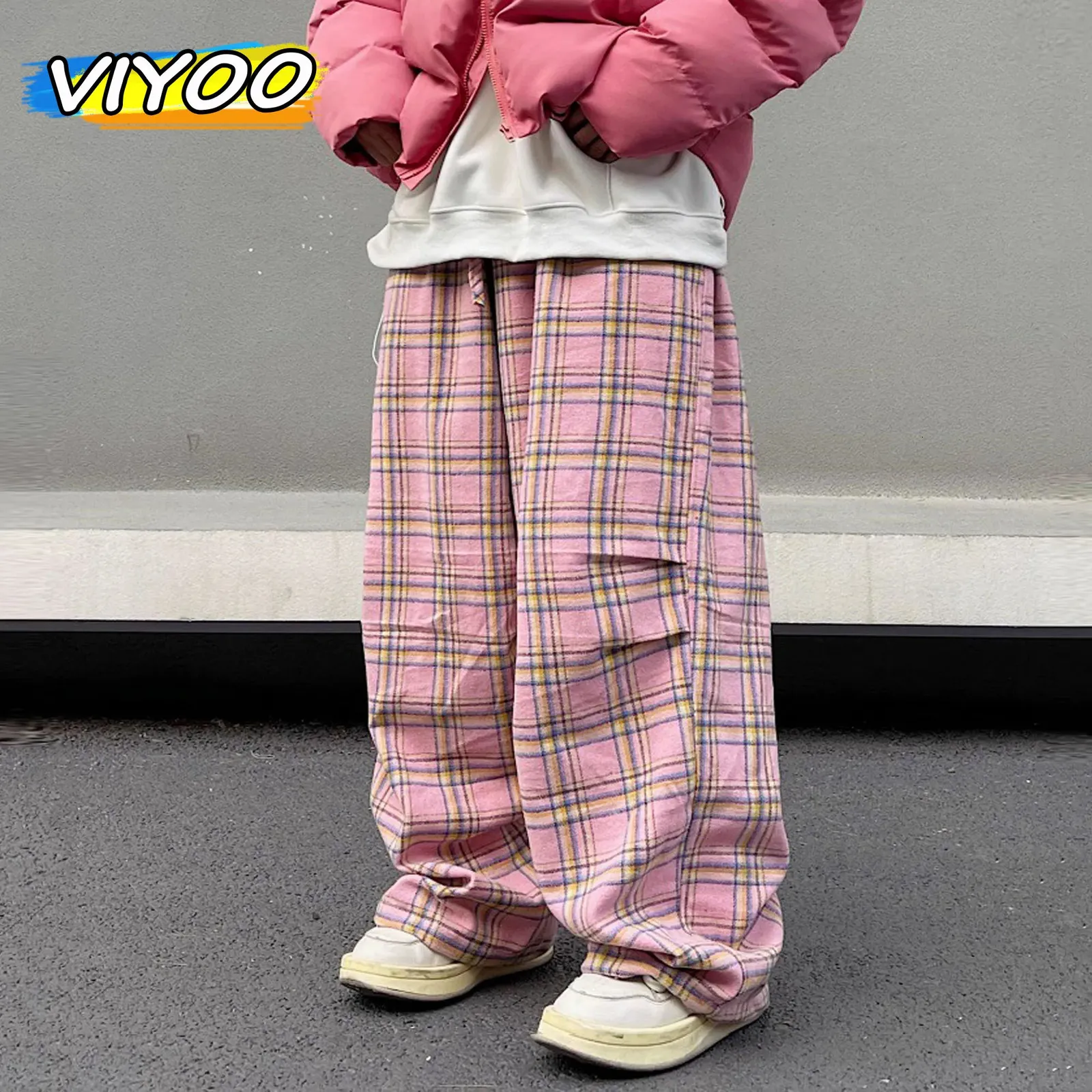 Mens Pink Vintage Oversized Plaid Pants Summer Baggy Wide Leg Pants Drawstring Y2K Streetwear Trousers Japanese Korean Clothes 240428