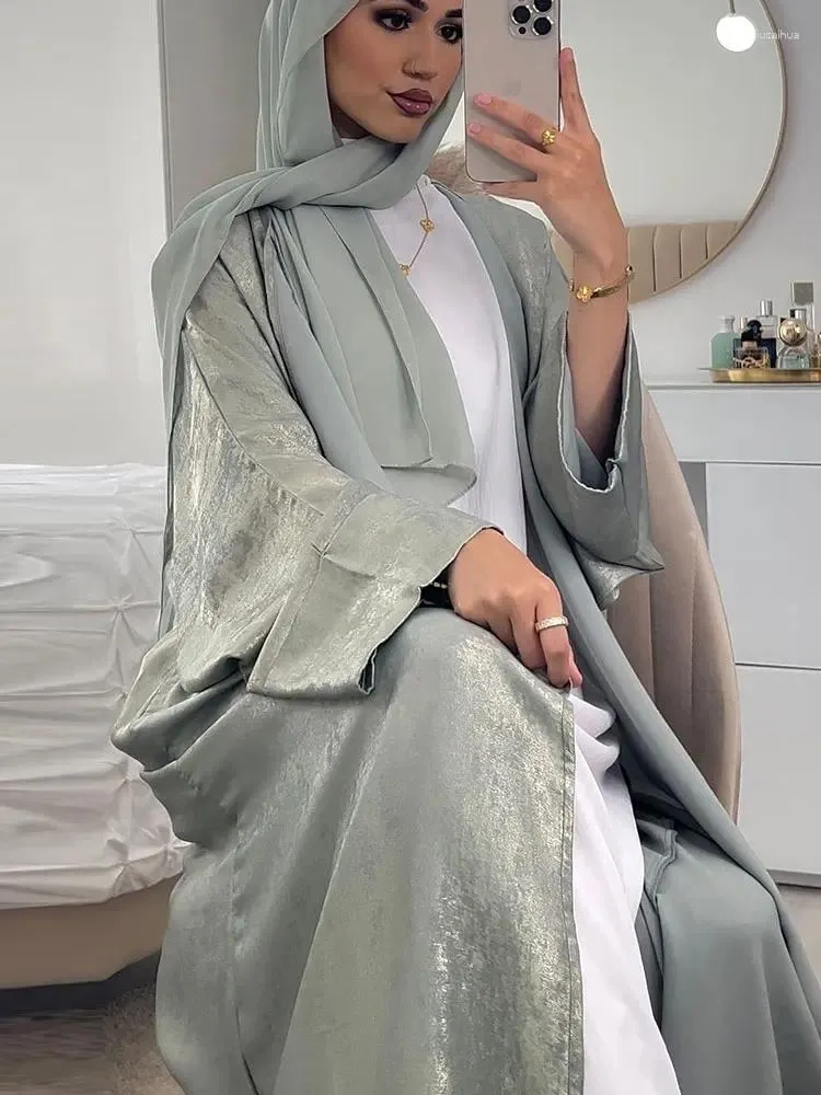 Etnische kleding glans open abaya zachte satijn één size vrouwen islamitische kimono vest -vest moslim dubai kalkoen bescheiden lange jurk outfit