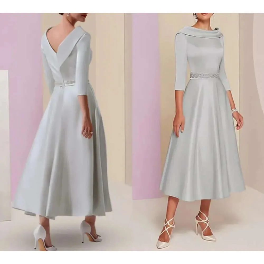 Ligne de sier le gris une robe mère mariée V dos Plus Taille de mariage invité Wear Elegant Bateau Necy Tea Longue