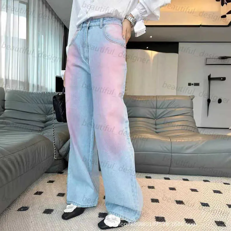Designer Dames jeans high -end dames 24 vroege lente nieuwe roze blauw gradiënt hoge taille rechte been brede been jeans voor vrouwen