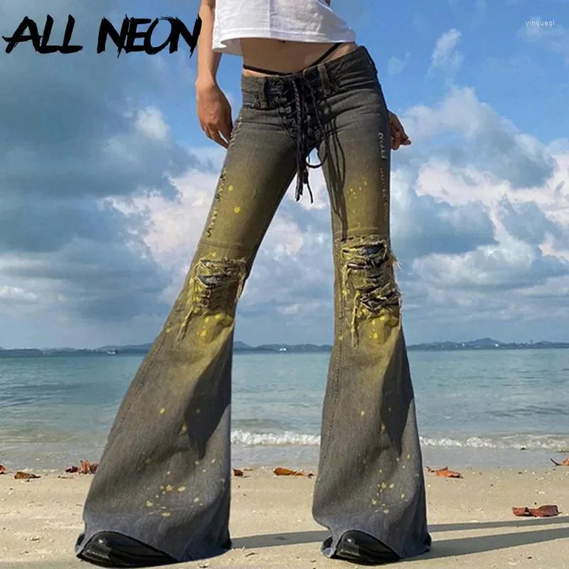 Jeans de mujer Allneon Y2K Estética baja de la cintura Pantalones largos Pantalones largos Hollow Out Boot corta los pantalones de mezclilla Tret Streetwear