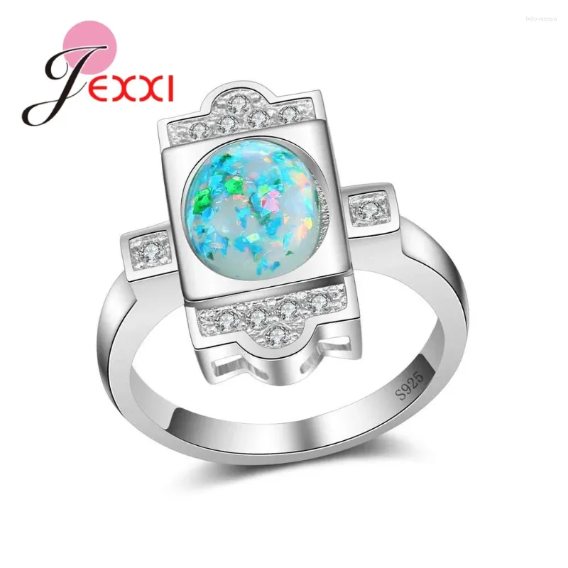 Rings Cluster Design unico Round Blue Fire Opal Stone 925 Sterling Silver Silver Silver Luxury Zirconi Women Wedding Promise