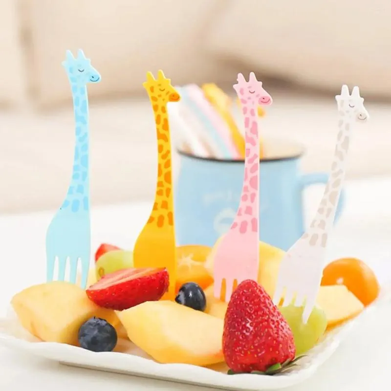 Forks 1set/2set Cartoon Mini Fruit Fork Lunch Bento Wybierz żyrafa urocza dekoracja dekoracji wielokrotnego użytku