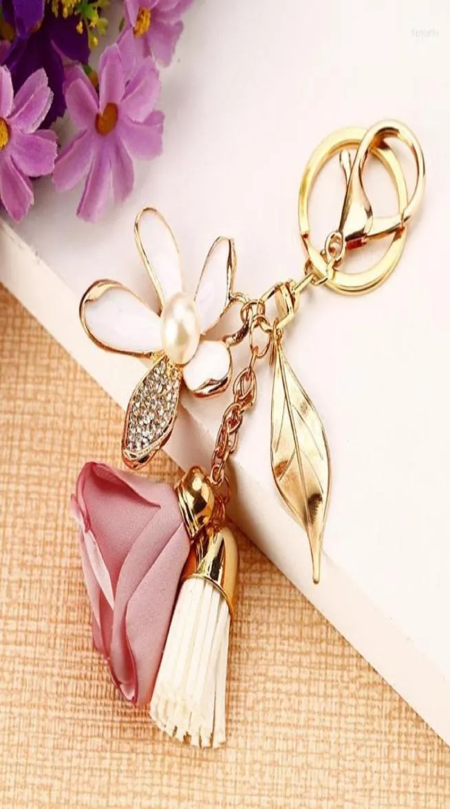 Keychains Cloth Rose Flower Keychain Crystal Tassel Car Key Chain Women Bag Charms For Keys Accessories Chiffon Tassels Rings A0747749179