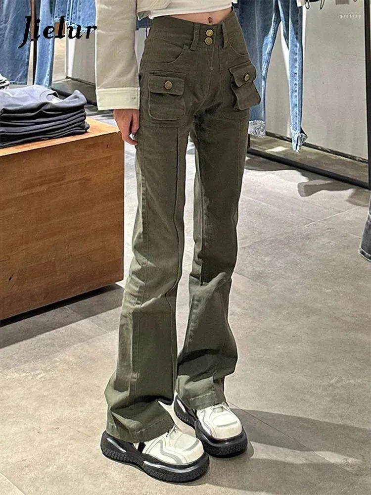 Dżinsy damskie harajuku kieszonkowe dżinsowe spodnie kobiety High Street Workwear Women Fashion Army zielona talia Slim Cargo