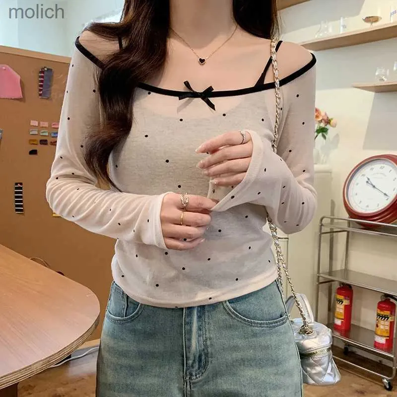 Kadın T-Shirt İlkbahar/Yaz Eşsiz Polka Dot T-Shirt Kore Günlük T-Shirt Moda Uzun Kollu Diagonal Boyun Top Coquette 2000S Esteticswx
