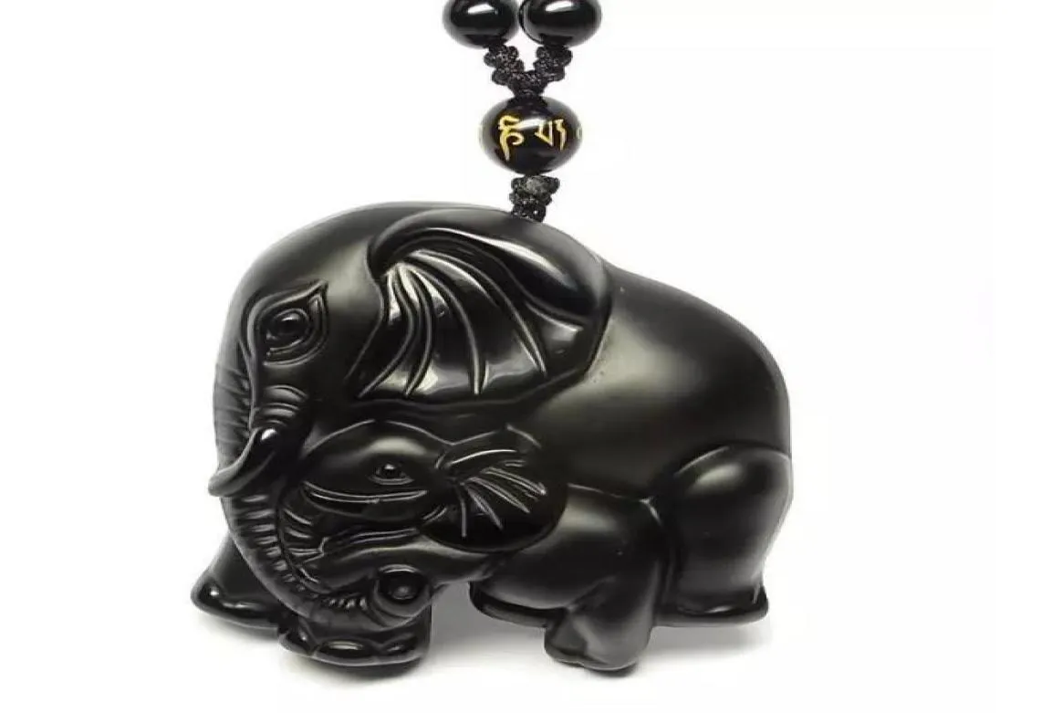 2019 Année Natural Obsidian Stone Hand Scarved Elephant Bonne chance Pentent5828523