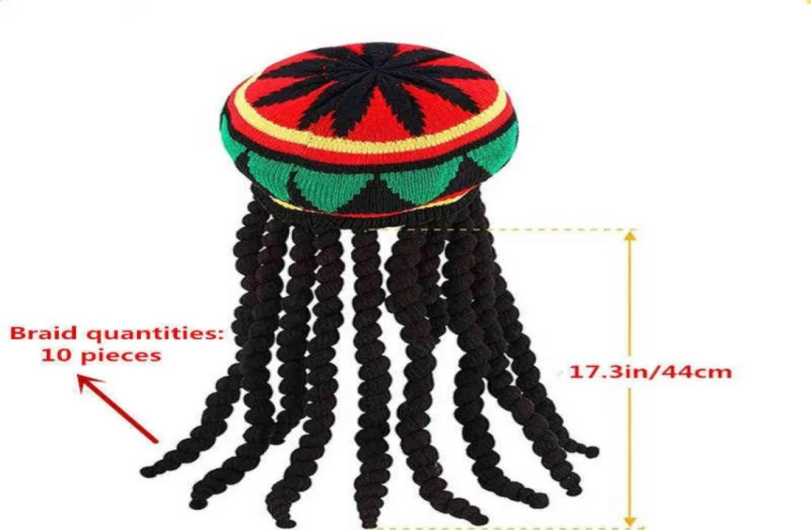 Afrique Jamaïcain Rasta Hat avec tresses Europen et American Treette Beret Cap pour la fête Cosplay Man and Woman Dress Up L220708816524831289