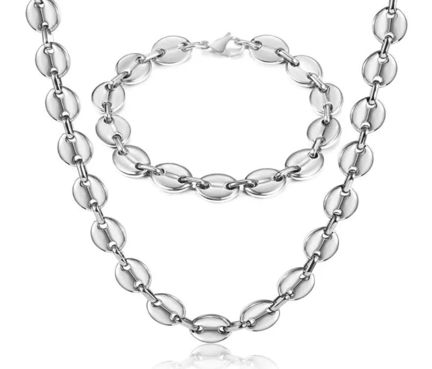 Oorbellen ketting roestvrijstalen koffiebonen armband ingesteld voor mannen vrouwen 7911 mm goud kleur marina link keten sieraden sets lks1731262