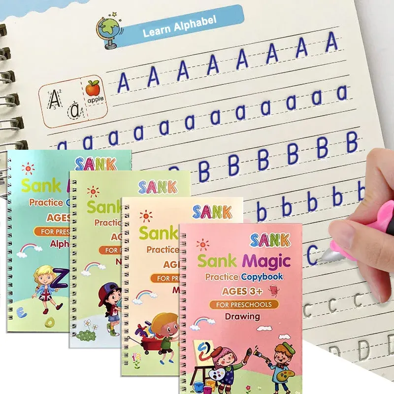 Blocs 4 livres réutilisables pour la calligraphie apprend l'alphabet peinture arithmétique mathématiques
