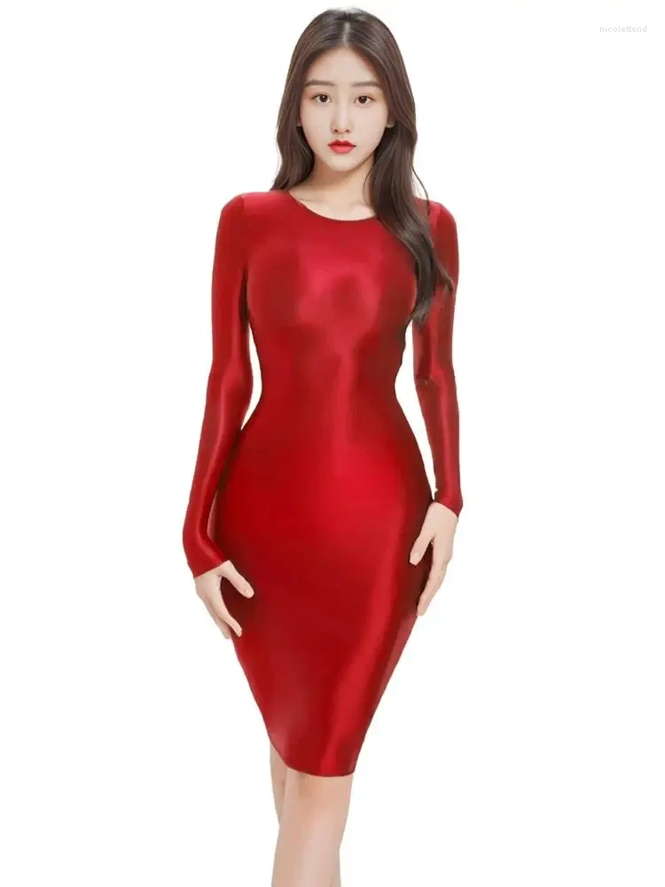 Casual jurken lange mouw glanzende glanzende midi jurk panty pakket pakket heup ol vestido sexy bodystocking fantasy clubkleding minifalda gewaad body