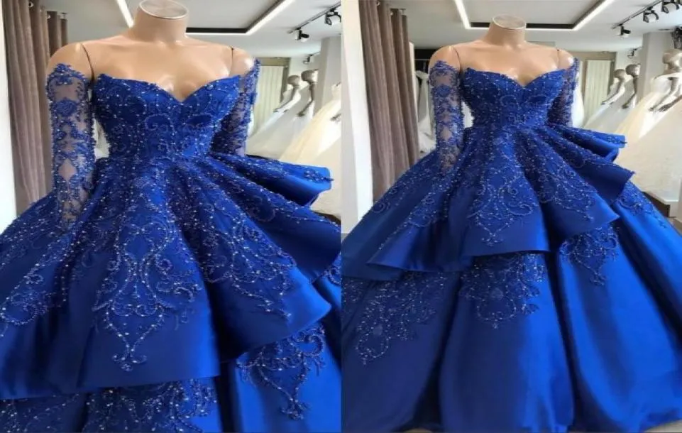 Royal Blue Satin Quinceanera Princess Dresses Long Sleeve Brodery Pärled Layered Ball Gown Sweep Train Evening Party Gowns1368306