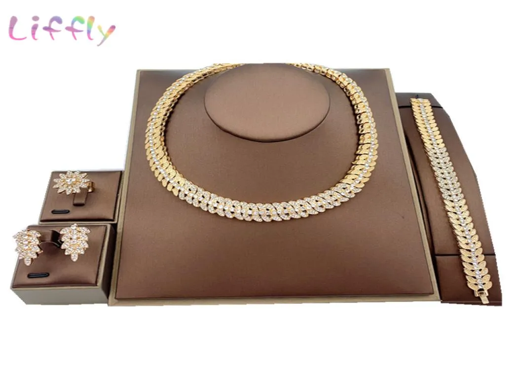 Liffly mode brudhalsband smycken set armband kristallörhängen dubai guld smycken för kvinnor bröllopsring smycken set 2011255199299