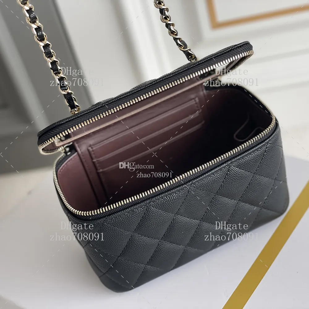 Designer Genuine Leather Black Vanity Bag With Chain Strap