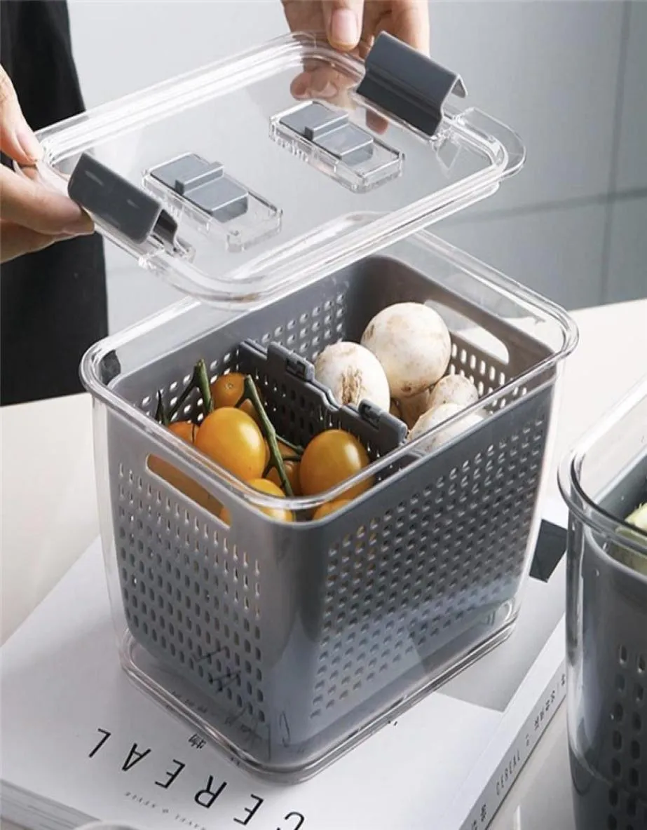 キッチンプラスチック収納ボックスフルーツと野菜排水器収納ボックス冷蔵庫蓋付き多機能