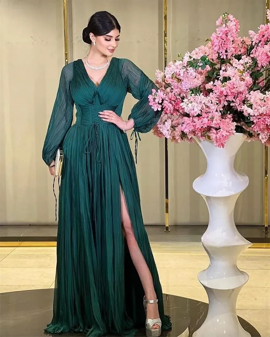 Fashionvane V Neck Evening Dresses Saudi Arabia Women Wear Long Sleeves Dubai Special Party Prom Gowns Side Slit Formal Vestidos