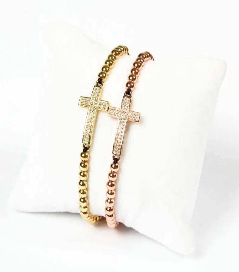 New Design Jewelry Whole 10pcslot New Arrival 4mm Brass Beads Micro Paved Clear Double Cz Cross Jesus Braided Bracelet For Gi4051922