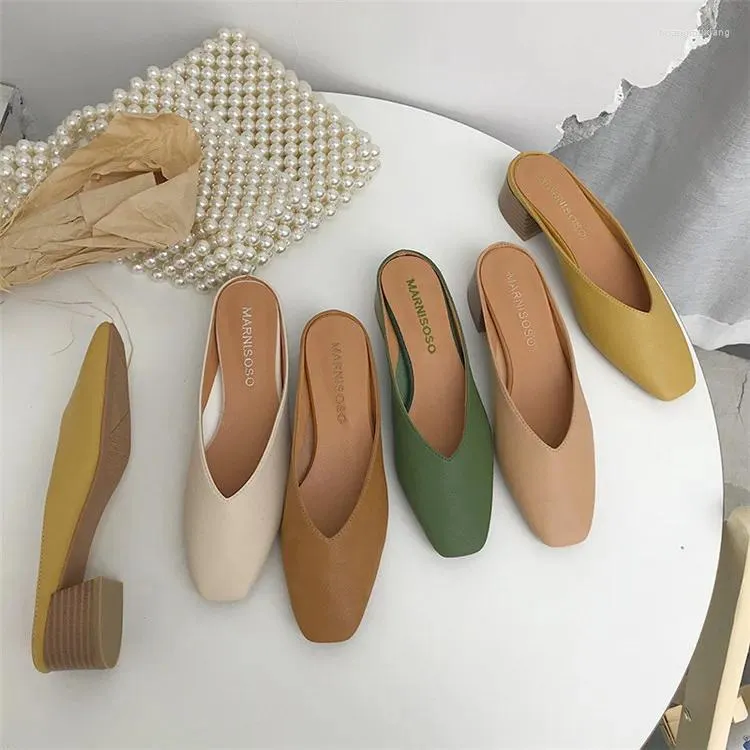 Casual Shoes Spring And Autumn 2024 Candy Color Muller Thick Heel Middle Covered Head Half Slippers
