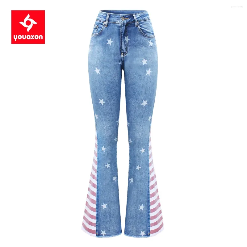 Jeans pour femmes 2736 Youaxon dans le drapeau américain évasé pour les femmes avec des étoiles élastiques pantalons larges pantalons coupés de pantalon filles