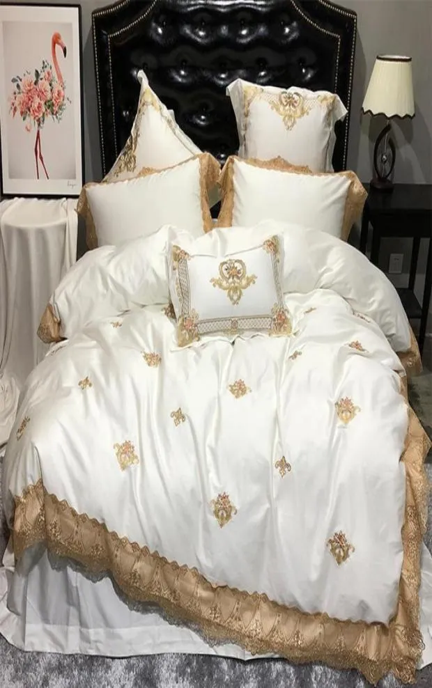 Oriental broderi lyxig kunglig sängkläder set egypisk bomull spets gyllene vit drottning king säng set sängklinsark täcke täcke set4989451