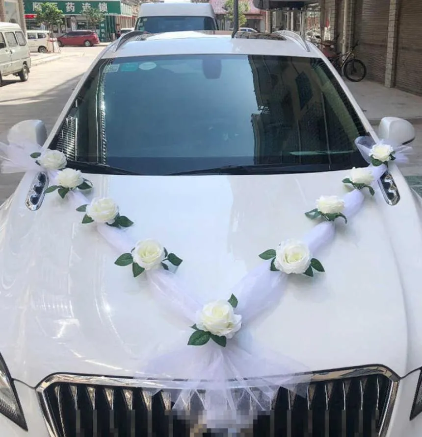 Rosa bianca fiore artificiale per decorazioni per auto da matrimonio decorazioni per auto da sposa manico portiera nella maniglia dei nastri fiore di seta t2001037001064