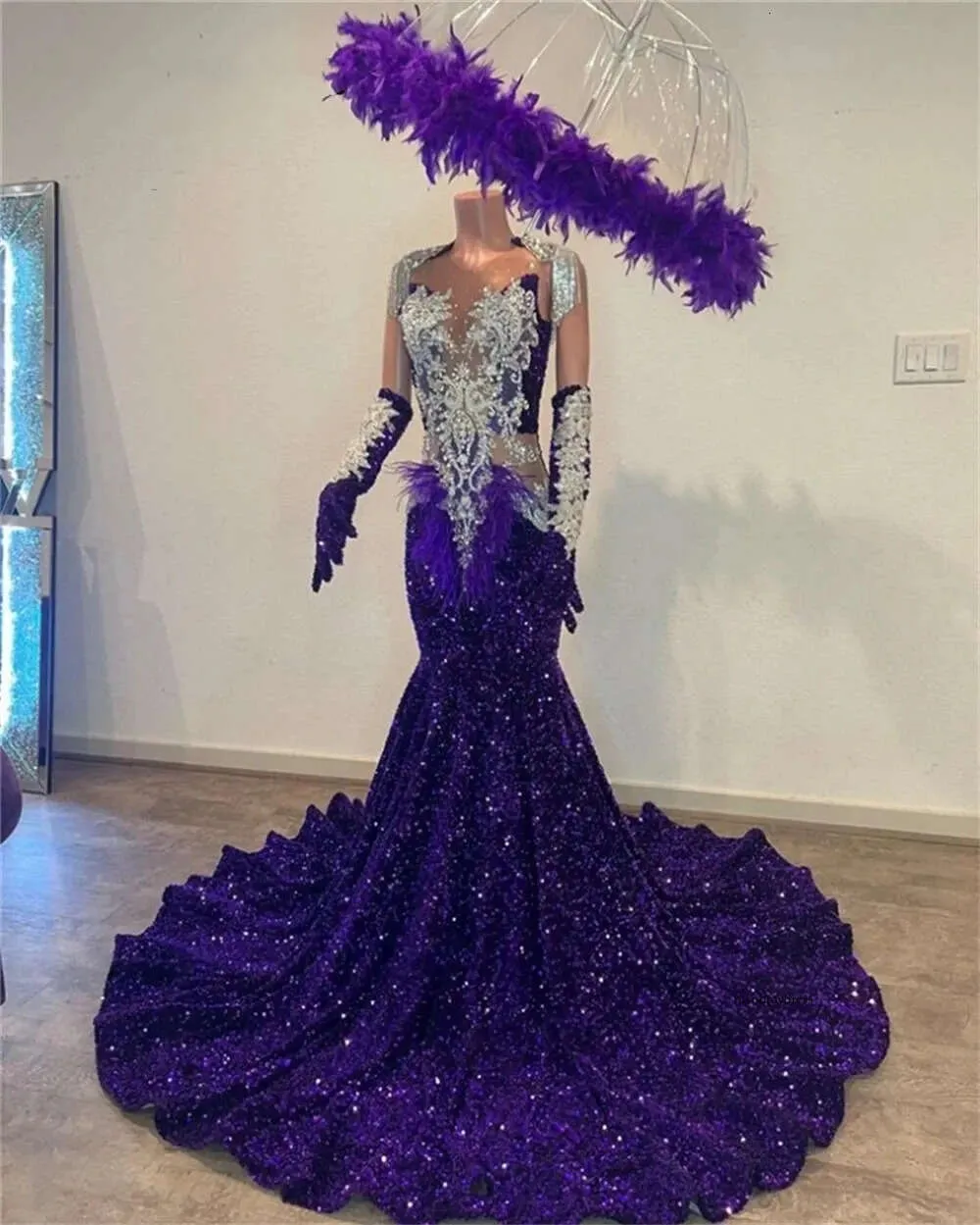 Enigmatic Purple Sequin Mermaid Long Prom Dresses 2024 Sier Tassels Crystal Christmas Dress Black Girls Bridal Party Gown 0431