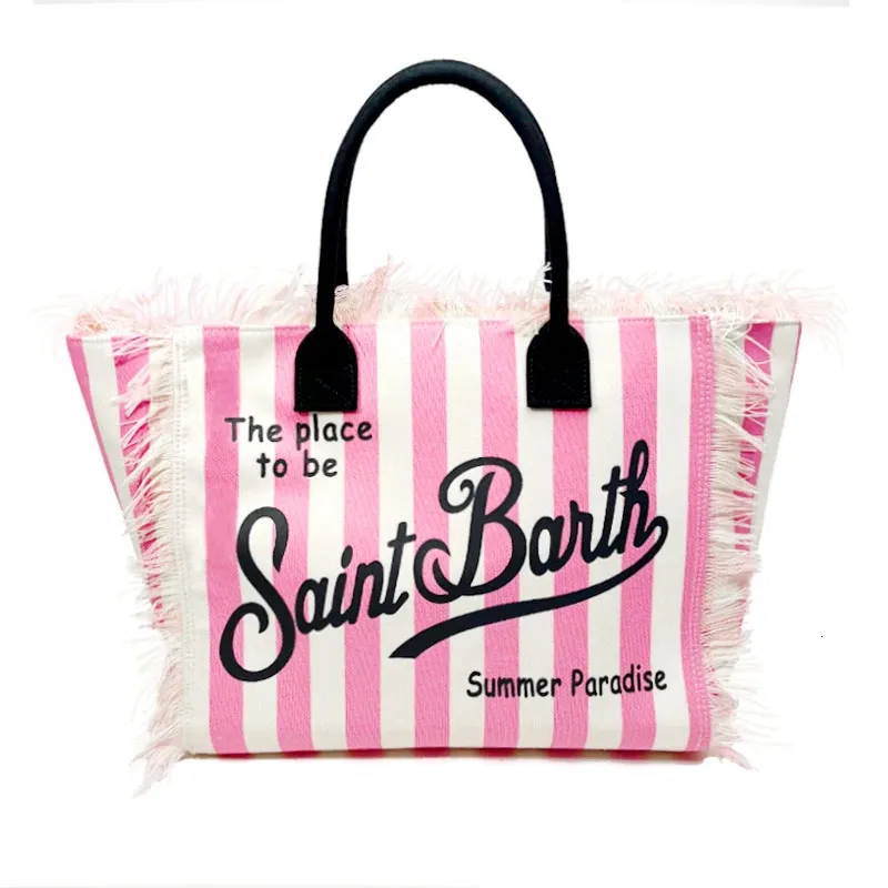 Saint Barth märke Fashion Pink Vertical Striped Canvas Handväskor Kvinnor Tassel Design av hög kvalitet Casual Tote Beach Shoulder Bag 240429