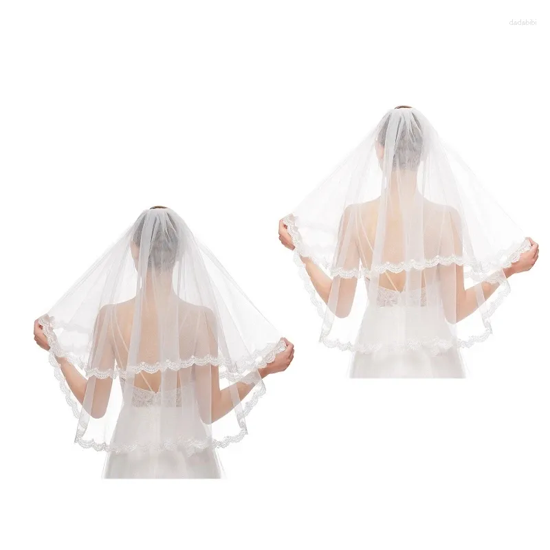 Brautschleier, Hochzeitsschleier mit Metallkamm, 2 Ebenen, transparenter Tüll, Spitzenbesatz, Ellenbogen für die Braut
