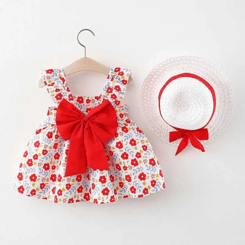 Robes de fille 2 pièces bowknot enfants ensemble d'été coréen mignon fleurs nouveau-né bébé fille robe sans manches coton plage princesse robes + sunhat