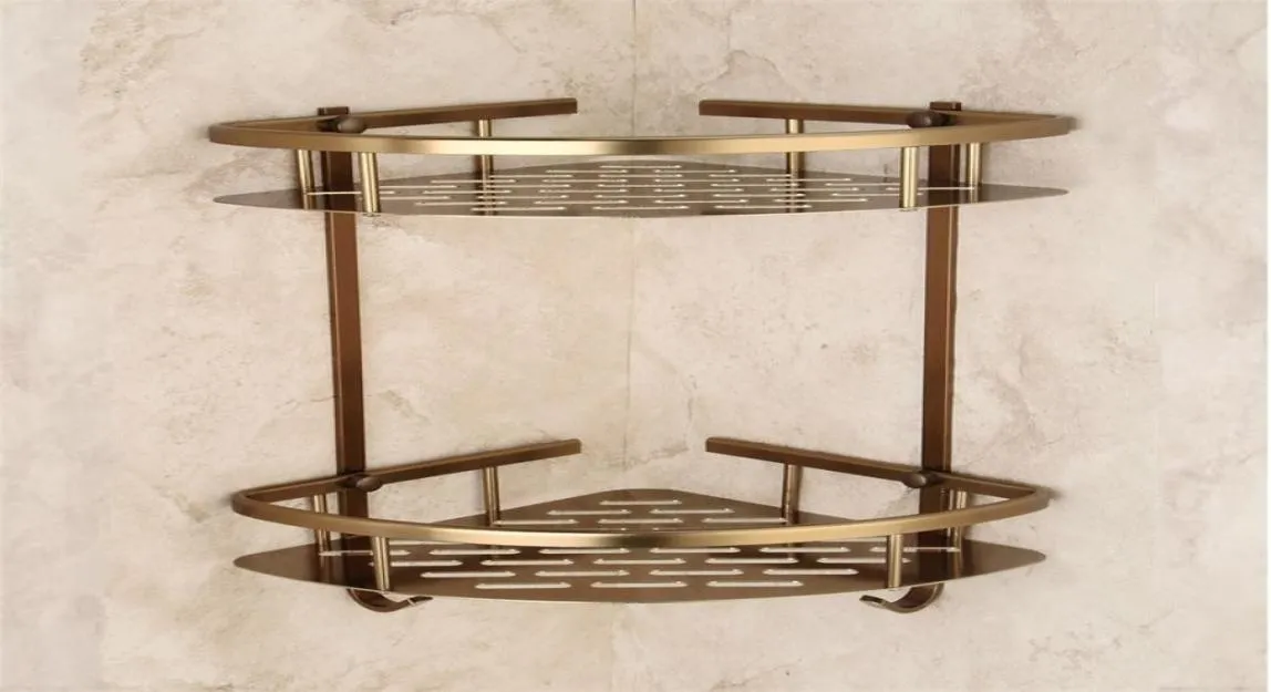Łazienka antyczna brązowa szelf Dwu warstwowy narożny aluminiowy koszyk prysznic suszarka do włosów uchwyt ETagere Salle de Bain Murale Tipi Y27831178