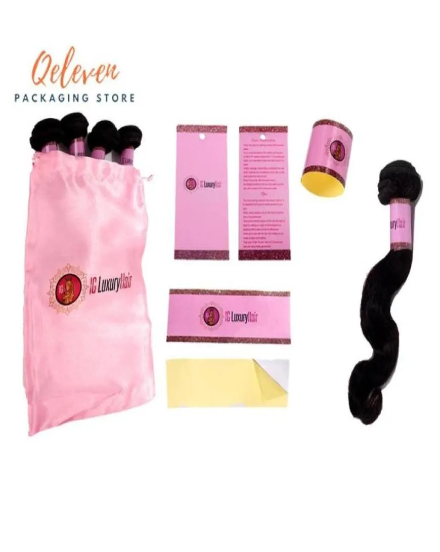 Emballage de cheveux vierge personnalisé Ensemble de cheveux enveloppement en papier autocollants en papier accrochent des étiquettes en soie sacs d'emballage en satin9776082