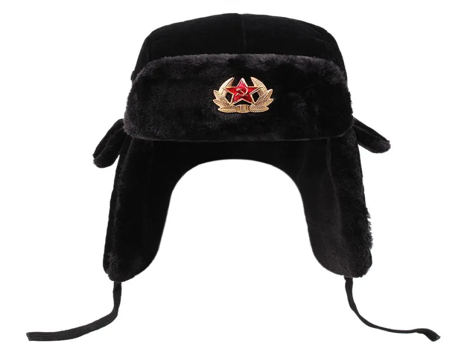Czapki puchyskull radziecka odznaka wojskowa Rosyjska Ushanka Bomber Hat Pilot Faux Rabbit Winter with futre Earmuffs Snow Cycling Ski 22113420499