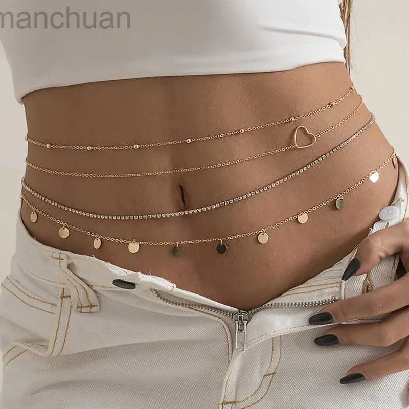 Waist Chain Belts 4pcs/Set Punk Aesthetic Thin Belly Chain for Waist Geometric Heart Sequins Sexy Body Jewelry Tennis Chain Rhinestone Accessories d240430