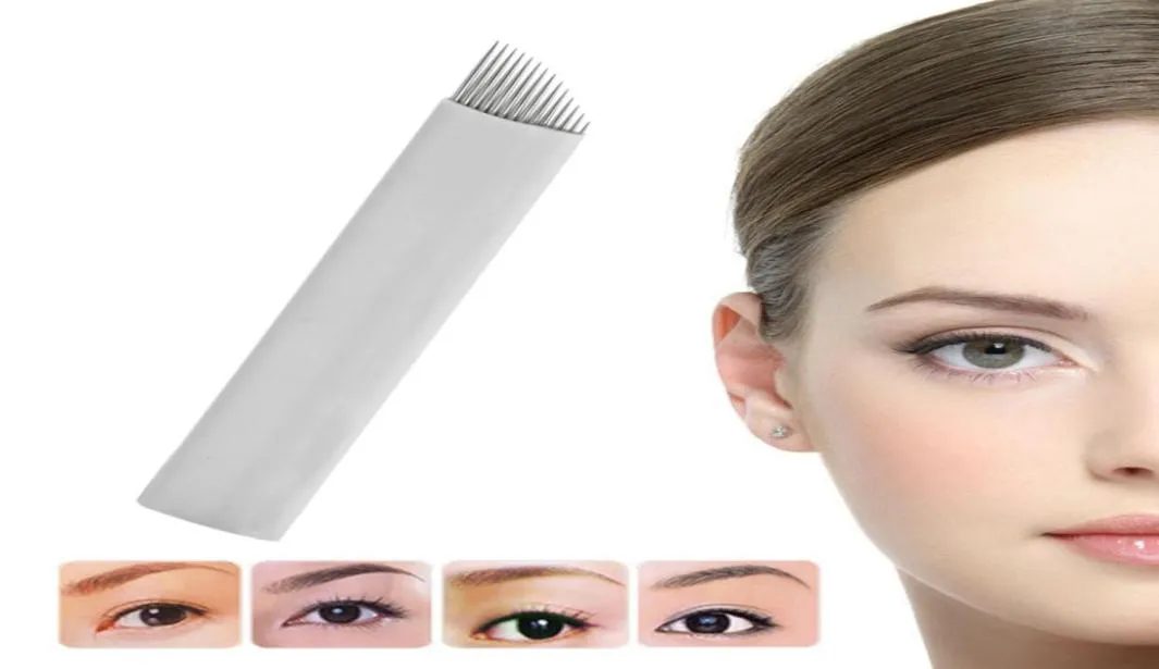 50pcs 14pin白い恒久的な化粧針眉毛マイクロブレードマニュアルタトゥーマシンとPen9524463用のベベル滅菌ブレード