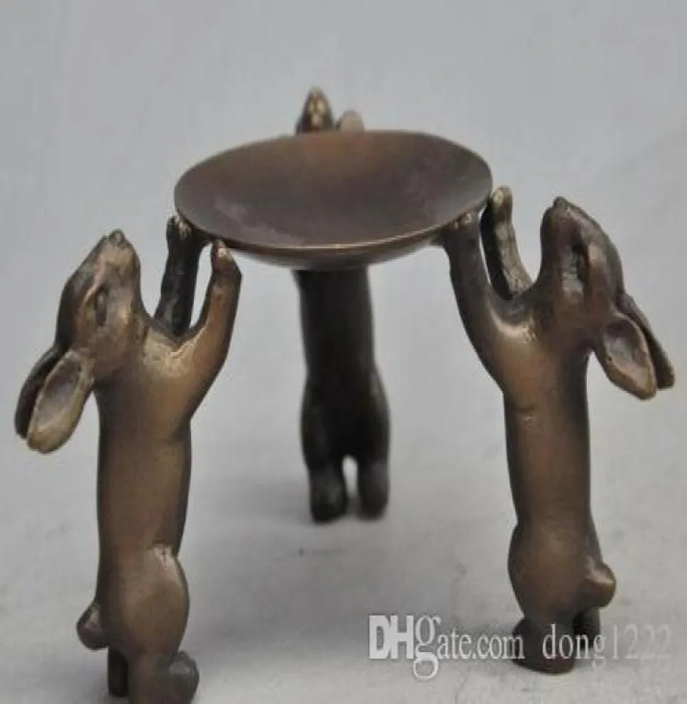 Novo 4quot Old Chinês Bronze Animal Zodíaco Adorável Placa de Coelho Placa Candlesticks7052761