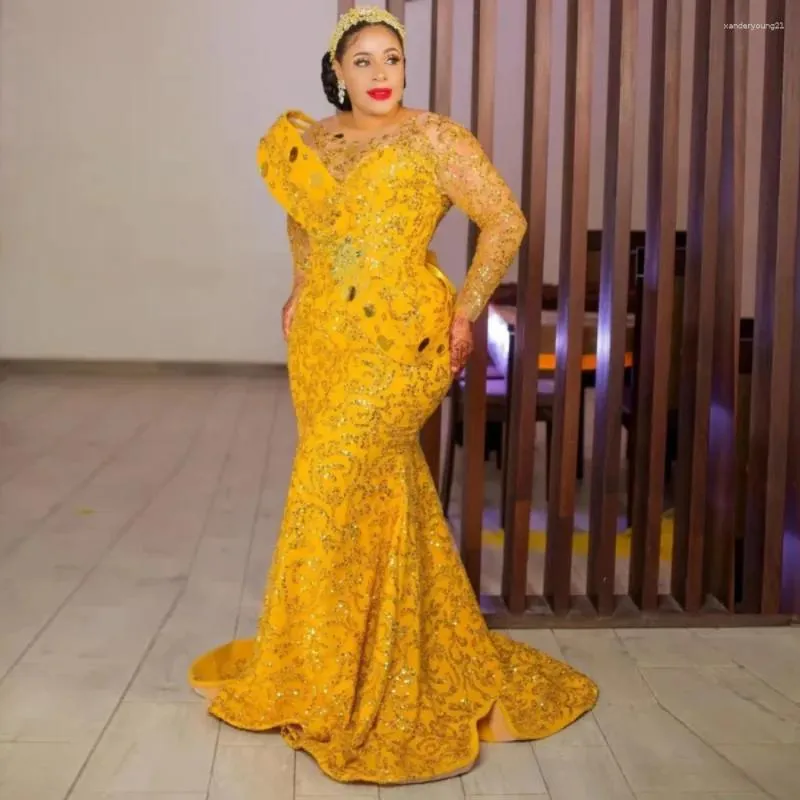 Платья для вечеринок Sparkle Gold Yellow Sequine Cined Кружевое формальное платье плюс плюс размер выпускной в Южную Африку Женщины свадебные приемные платья