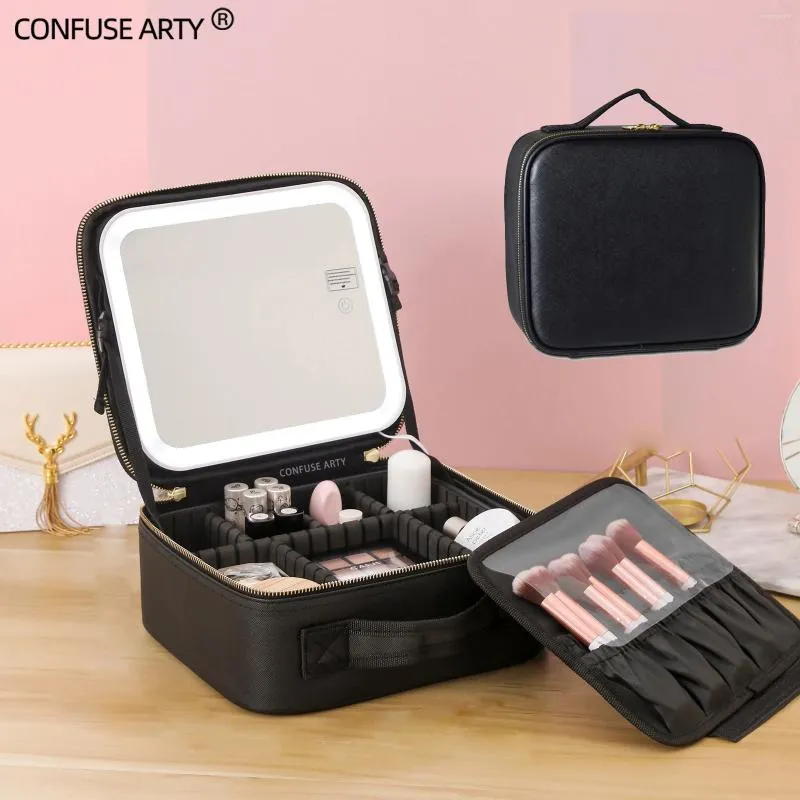 Sacs cosmétiques Sac de maquillage LED SMART avec grand miroir Étui de voyage en cuir PU imperméable pour les femmes