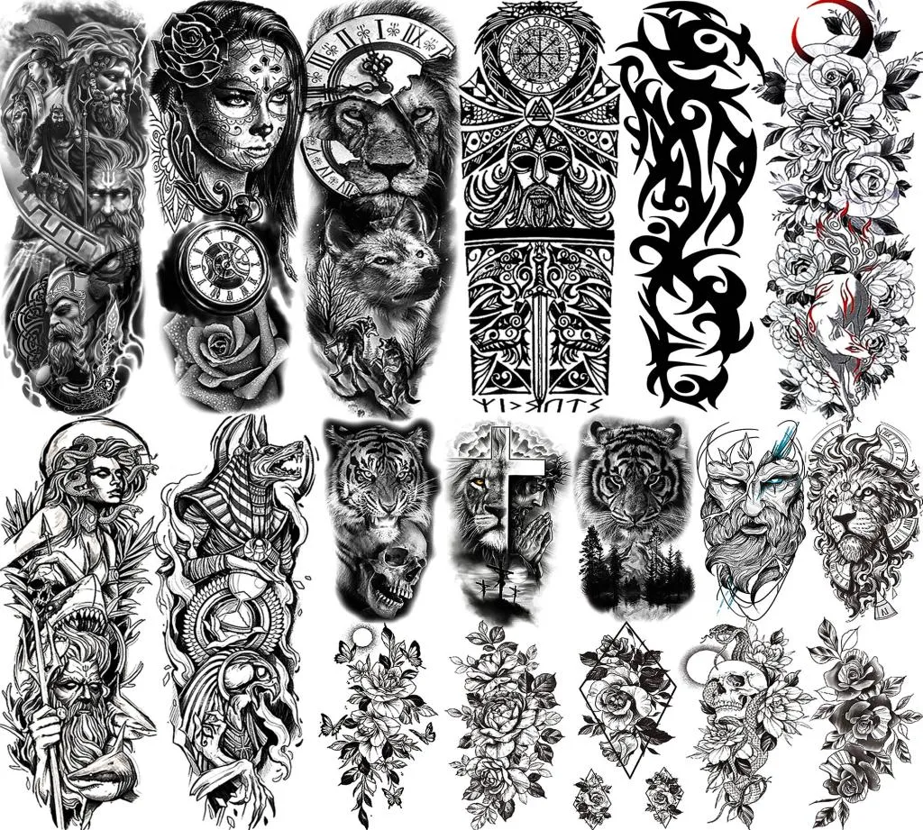 Braccio pieno braccio manica tatuaggi temporanei per uomini donne realistiche fa falsi tatoos guerriero tigre tigre fiore tatuaggio adesivo4987350