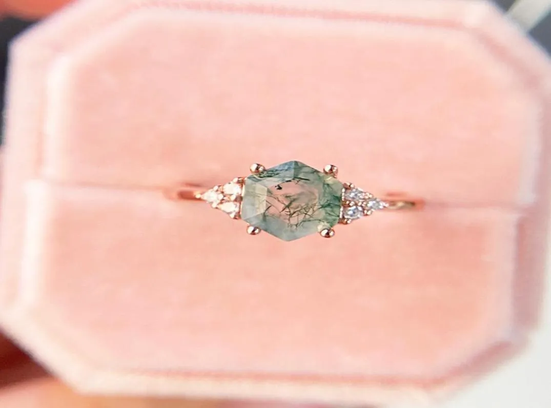 Обручальные кольца GZXSJG Natural Moss Agate Gemstones Ring для женщин Сплошные 925 Серебряный серебряный модный модный шестиугольный шестиугольный драгоценный камень 5880439