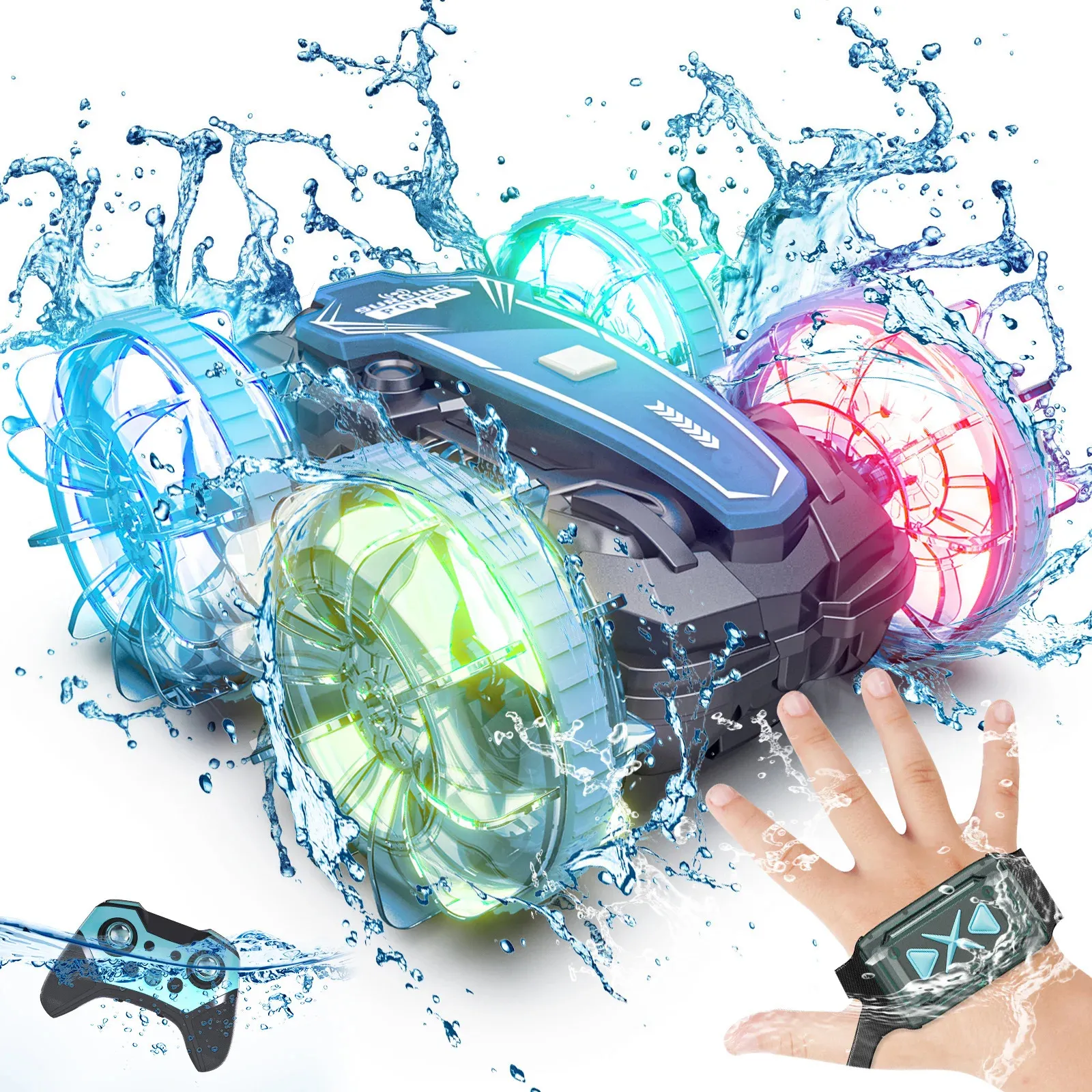 Sinovan Amphibious Remote Control Boat 4WDジェスチャーRC CAR LED LIGHTS WaterProof Stunt Pool Toys for Kids 240411