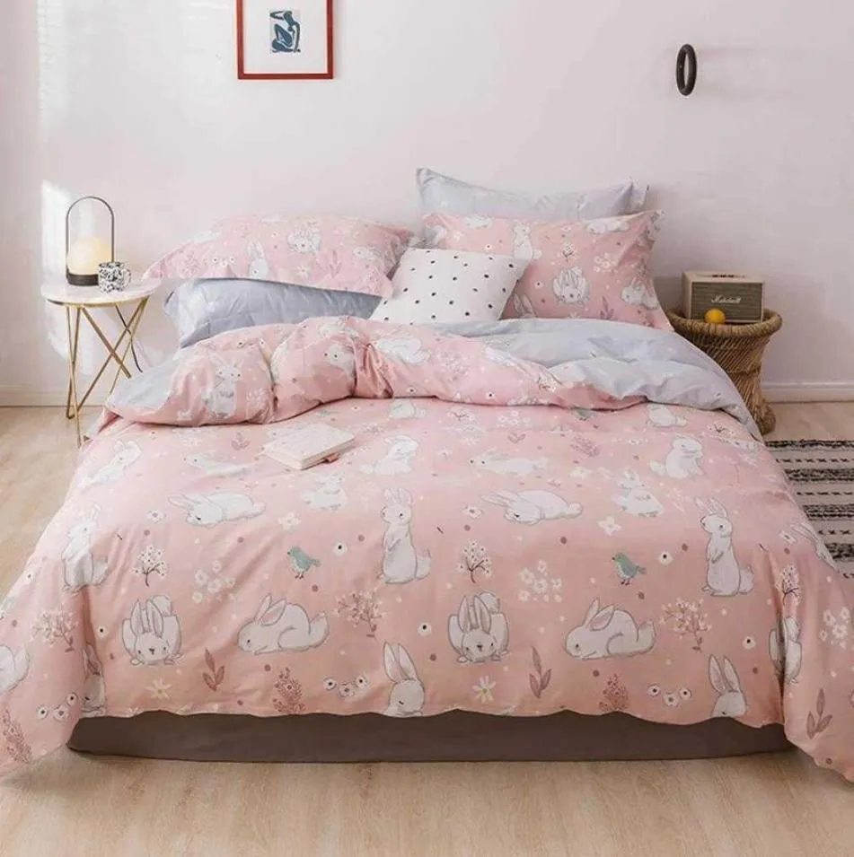 Wit Bunny konijn roze dekbedovertrek set katoenbeddens tweeling koningin king plat plaat gemonteerd plaatbeddenheid T2004146111975