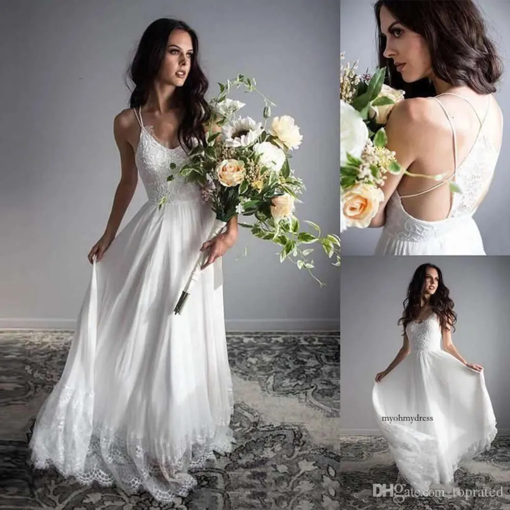 Neue elegante Spitzenspaghetti -Träger Chiffon Boho Brautkleider bodenlange Plus -Size -Hochzeitsfeierkleider Custom Made 0430