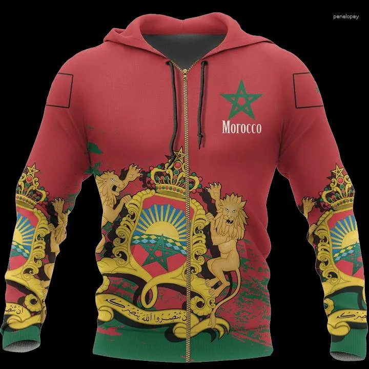 Heren Hoodies 2024 Marokko Emblem 3d hoodie met Coate of Arms Country Print Zipper man vrouwelijke pullover sweatshirt capuchon casual
